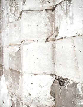 Close-up of layered, rectangular, white-grey blocks. The blocks are damaged, chipped, and textured, revealing their inner layers