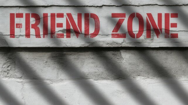 The words FRIEND ZONE are stenciled in red on a textured gray concrete wall with shadows