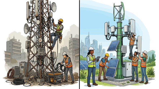 Comparing old and new telecommunication infrastructure with diverse workers installing modern 5G cell tower technology and sustainable energy solutions