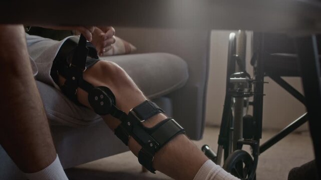 Close up shot of anonymous young man putting on orthopedic brace on injured leg while sitting on sofa in living room at home