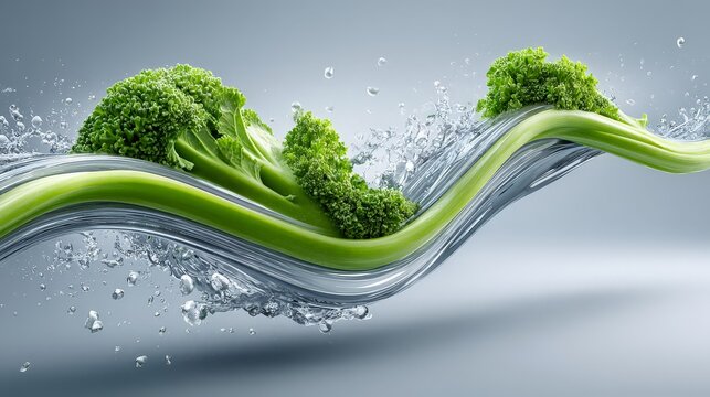 Fresh broccoli with water splash on a modern background.