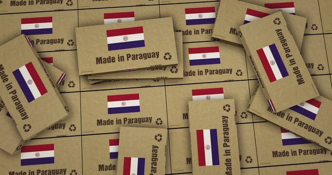 Made in Paraguay box production line. Paraguayan export import Cardboard pack factory. Abstract background concept 3d animation.