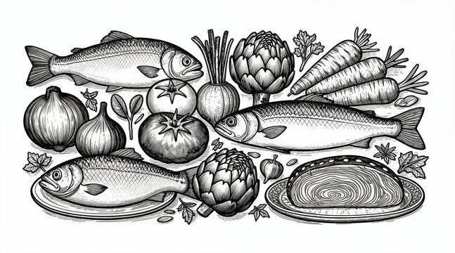 Hand drawn illustration border design. Features fish vegetables fruits, herbs. Artistic vintage style graphic composition for culinary themes. Includes onions tomatoes artichokes carrots, parsley.