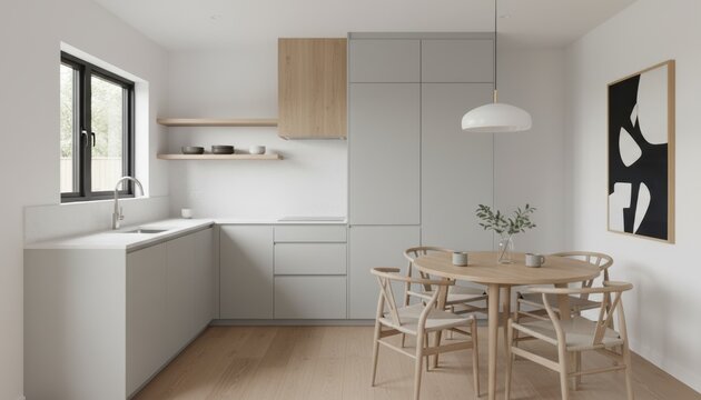 Modern Scandinavian ADU Housing Minimalist modern kitchen with light wood flooring, white cabinets, round dining table, and abstract wall art.