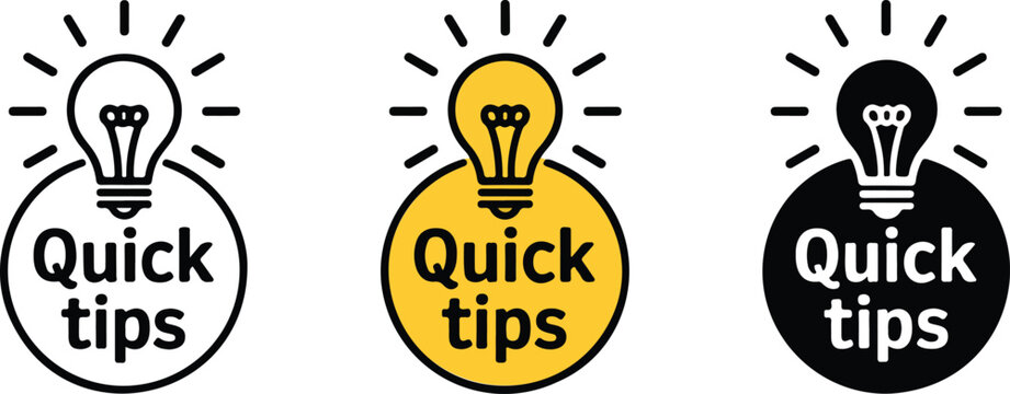 Quick tips badge set with glowing light bulb icon for helpful advice tutorial ideas and solution concept isolated on white background.