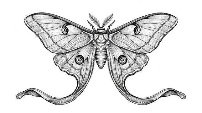Detailed black and white illustration of luna moth with intricate wing patterns