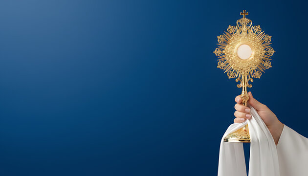Hand holding sacred monstrance with blessed Eucharist for spiritual contemplation and worship