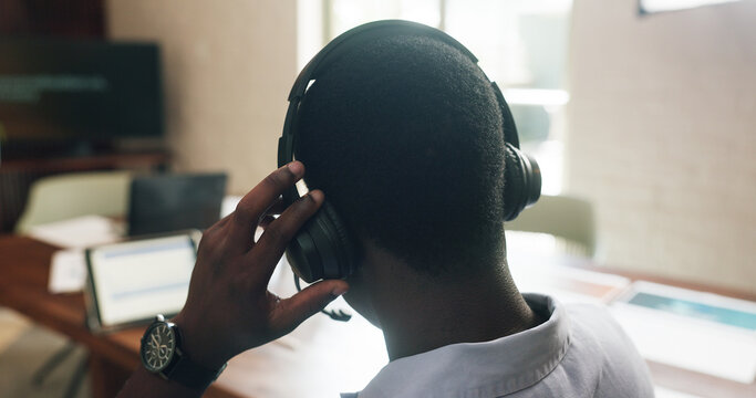 Headset, contact and businessman in office for online consultation on property listing with feedback. Discussion, mic and back of real estate agent with tech for price negotiation, offer or review.