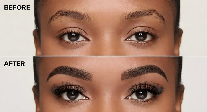 Split-screen before and after beauty treatment portrait of a woman's eyes, showing sparse eyebrows transformed into perfectly shaped full eyebrows and voluminous eyelashes.