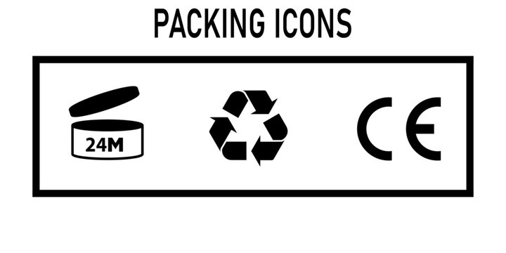 Packing Icons Set &mdash; 24M Period After Opening Recycle and CE Mark Symbol Vector
