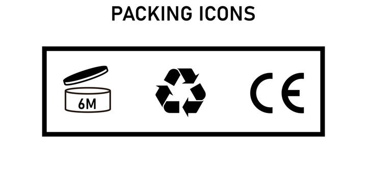 Packing Icons Set &mdash; 6M Period After Opening Recycle and CE Mark Symbol Vector