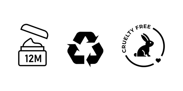 Cosmetic Icons Set &mdash; 12M PAO Open Jar Recycle Arrow and Cruelty Free Rabbit Badge