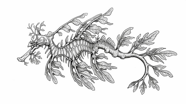 Detailed line drawing of leafy sea dragon, marine life illustration