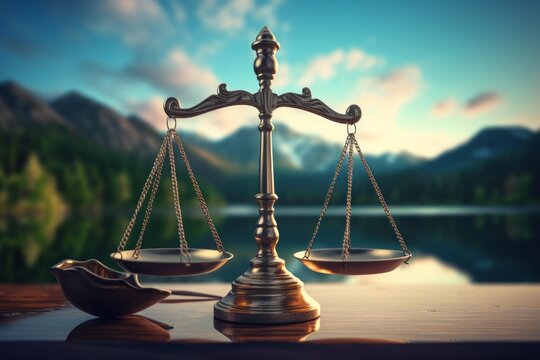 Justice scales representing equality and fairness set on a table with a serene lake and mountains