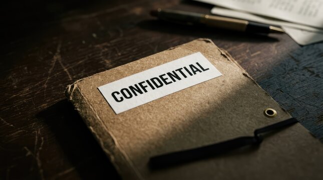 A confidential document folder lies on a dark wooden desk with a pen and papers in the background