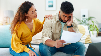 Stress, support or couple in house with paper, partner empathy or payment pressure in money management. Worry, tax review or people with tech, missing bill or understanding in poor financial planning © peopleimages.com
