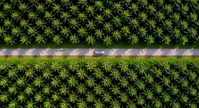 Palm oil plantation aerial view road through trees - sawit