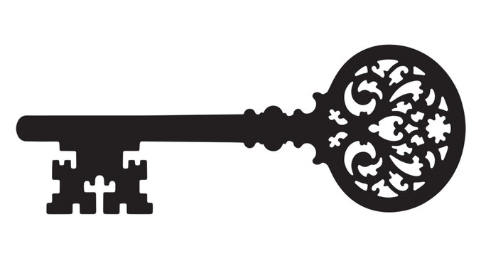 Giant Antique Key Silhouette vector illustration of a vintage ornate key featuring intricate decorative patterns and detailed craftsmanship created for security branding design projects.