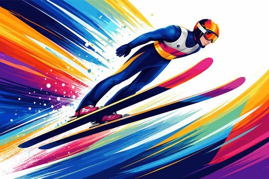 Ski Jumping Dynamic Graphic Art Poster with Professional Athlete in Mid-Air, Vibrant Multicolor Motion Trails, Abstract Paint Splashes and Colorful Brush Strokes for Winter Sports Banner.