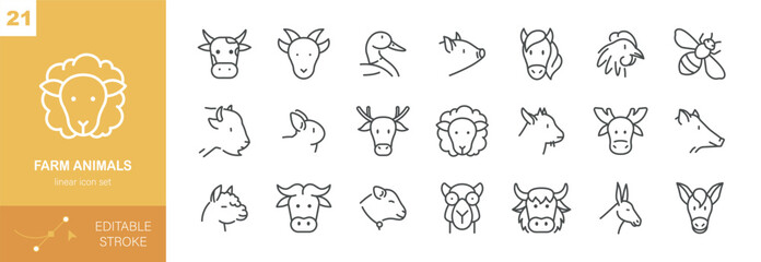 Fototapeta premium Farm Animals Vector Icons Set. Livestock Head Collection with Cow, Goat, Duck, Pig, Horse, Sheep, Deer and Donkey. Editable Linear Pack.