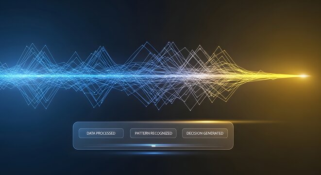 Data stream flows through a geometric network where complex patterns are recorded and a final decision is generated within a sleek, modern digital control interface.
