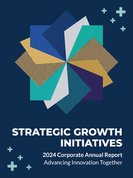 A vibrant graphic design for a corporate annual report cover featuring a geometric pattern and bold typography