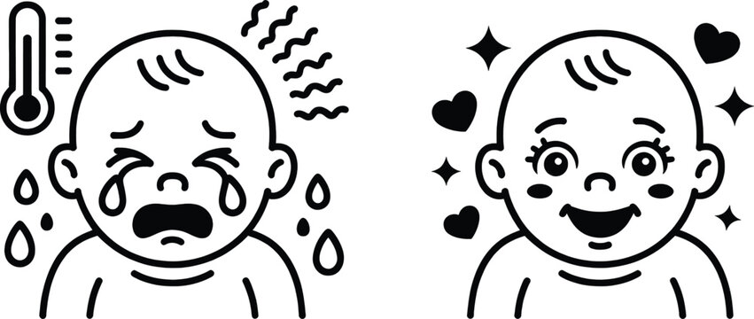 Infant emotions comparison illustration showcases a crying baby next to a happy baby to represent changing moods and the importance of monitoring pediatric health conditions.