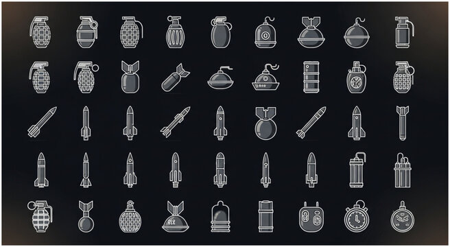 Collection of various weapon types, including grenades, bombs, and projectiles, on a dark background.