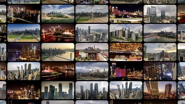 amazing Chongqing cyberpunk city skyline made into a grid sequence
