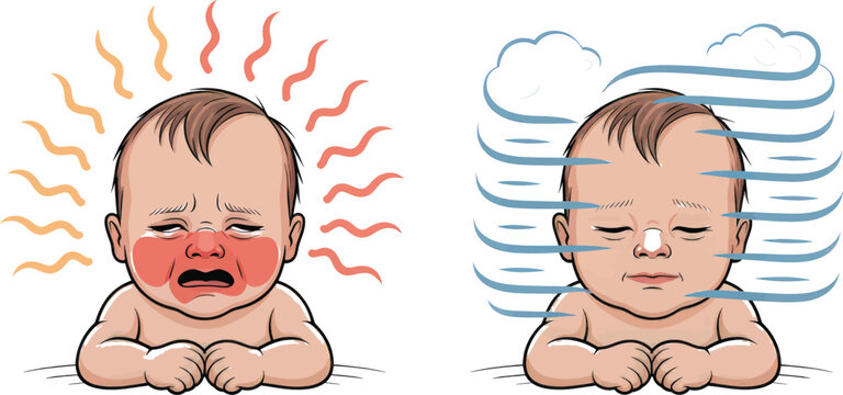 Infant temperature regulation is explained by comparing a red flushed baby suffering from heat and a cool refreshed child in a breeze.