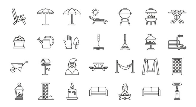 Collection of outdoor and garden related line art icons for design and decoration.
