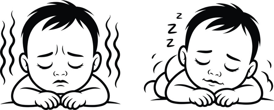 Baby sleeping comparison chart illustrates the difference between an uncomfortable restless infant and a peaceful well-rested child.