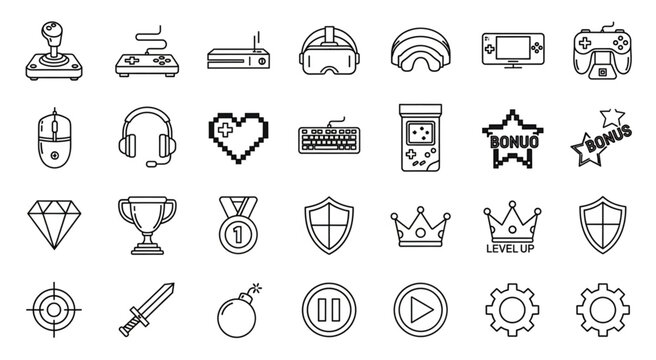 Collection of various gaming related icons and symbols in black and white.