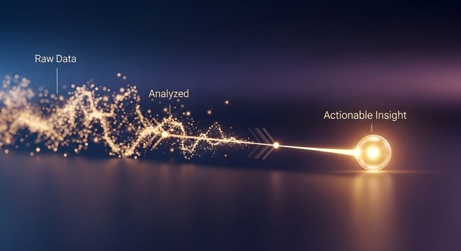 Data stream flows through an analytical process to transform raw information into a focused actionable insight.
