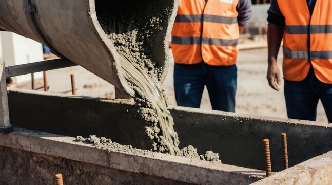 Workers pour wet cement from chute into foundation form. Building construction involves skilled labor using heavy equipment and safety vests. New structure gets concrete pour.