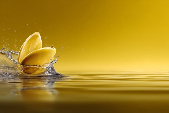 Ripe banana half splashing in golden water, fresh and vibrant.