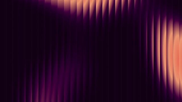 Purple orange refracted glass animate background. Violet peach vertical stripe wave motion. Glossy ripple glow light distort display. Luxury dark abstract shimmer texture.