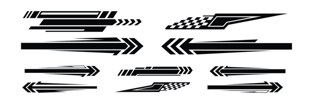 Set of abstract black and white racing stripes and car decals graphic elements for vehicle decoration and customization representing speed and sport with checkered flag accents.