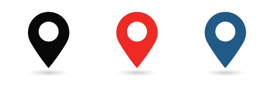 Collection of three map pin location markers in black red and blue colors with subtle drop shadow effect indicating geographical position points on white background icons.