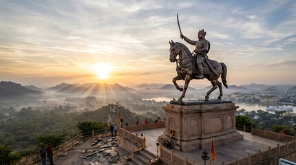 Obraz premium Maharana Pratap Statue at Moti Magri Udaipur During Sunrise