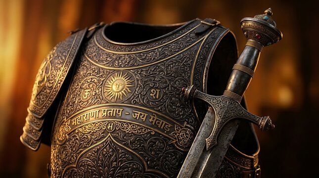 Maharana Pratap Jayanti Ornate Indian Rajput Warrior Armor and Sword