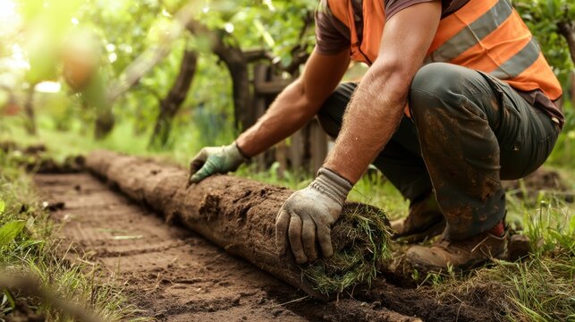 Landscaper laying rolled sod on backyard garden pathway