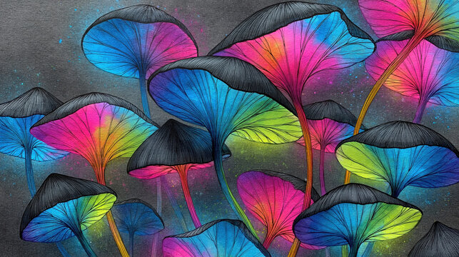 Colorful mushroom caps glowing in dark textured backdrop