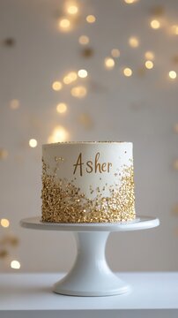 Asher day Elegant white and gold cake with "asher" topper on stand