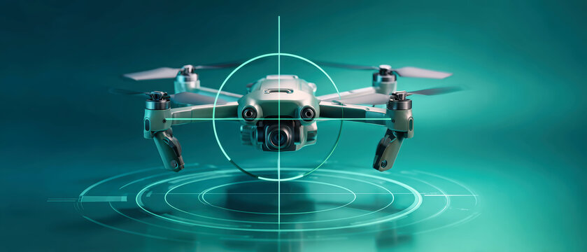 A combat drone is centered within crosshairs against a blue and green background, highlighting its design and features in a realistic style from above