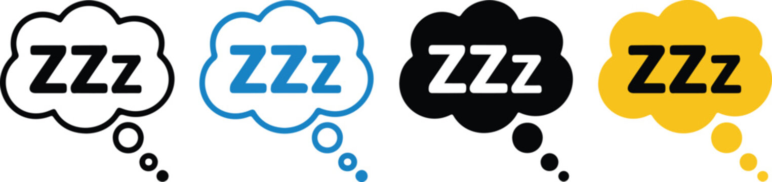 Sleep zzz thought bubble icon set with four colorful dream symbols isolated on white background for bedtime relaxation health and rest concept.