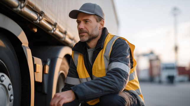 Freight security supervisor installing GPS tracking device beneath articulated truck chassis in industrial yard at dawn, cargo theft prevention, logistics safety, transportation crime deterrent, fle