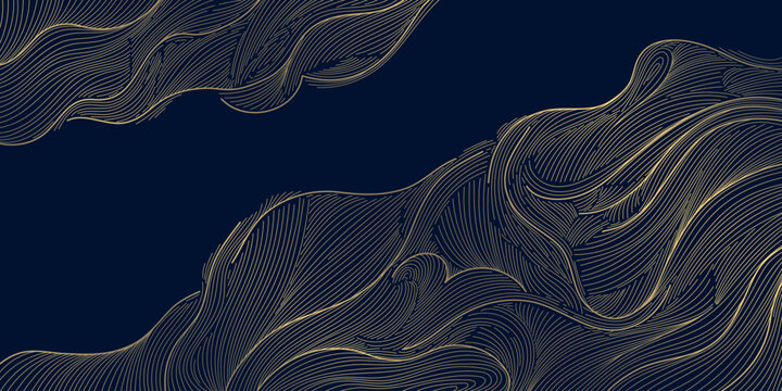 Luxury Japanese wave pattern, elegant gold lines background. Abstract vector design, Chinese ornament, flowing water shapes, vintage Asian aesthetics, premium wallpaper, decorative print.