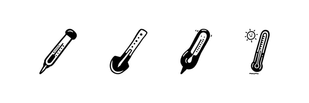 Thermometer Icons In Hand Drawn Style Set. Temperature Measurement, Weather Forecasting, Medical Health Monitoring Doodle Sketch Collection. Isolated Vector Illustration