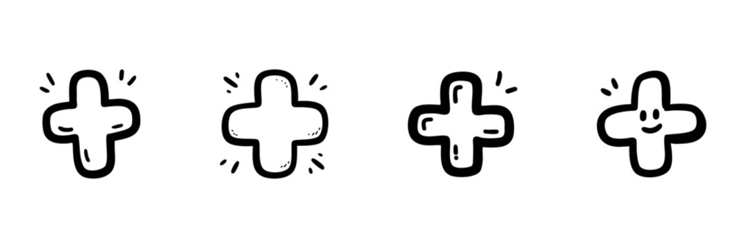 Playful Plus Sign Icons In Hand Drawn Style Set. Positive Symbol, Addition, And Happiness Doodle Sketch Collection. Fun And Whimsical Design. Isolated Vector Illustration
